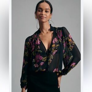 Anthropologie Estella Sheer Black Floral Blouse